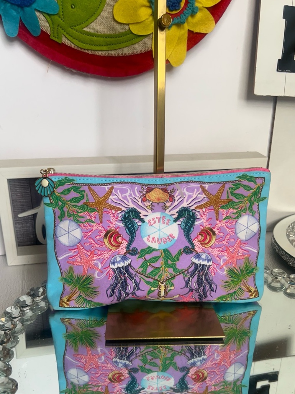 Estee Lauder Pink & Turquoise Sea Life canvas Cosmetic Pouch - Picture 3 of 8